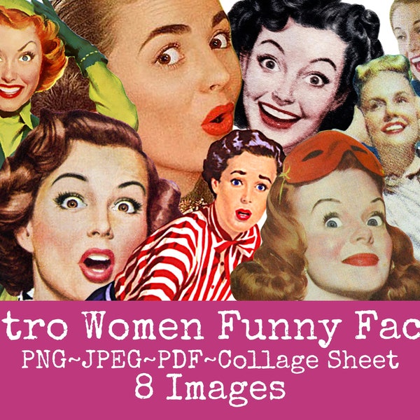 Retro Women Clipart, Funny Faces, Vintage Housewife, Mid Century Advertising, Fussy Cut People, Collage Sheet, Old Fashion 1950, Retro PNG