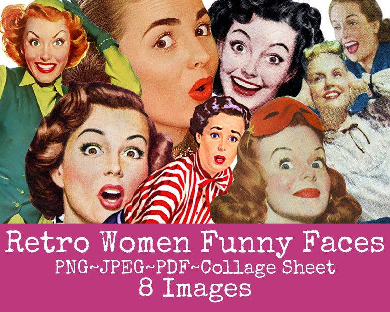 K&ouml;nnte beinhalten: Ein digitales Collage-Blatt mit acht Bildern von Frauen mit lustigen Gesichtsausdr&uuml;cken. Die Bilder sind im Retro-Stil gehalten und perfekt f&uuml;r Scrapbooking, Kartenherstellung oder andere Bastelprojekte.