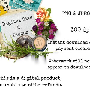 Pu&ograve; includere: Kit di collage digitale con elementi floreali, un quadrante dell'orologio e un francobollo vintage. Il testo "Digital Bits & Pieces" &egrave; visualizzato su uno sfondo bianco. Il kit &egrave; disponibile nei formati PNG e JPEG a 300 dpi.