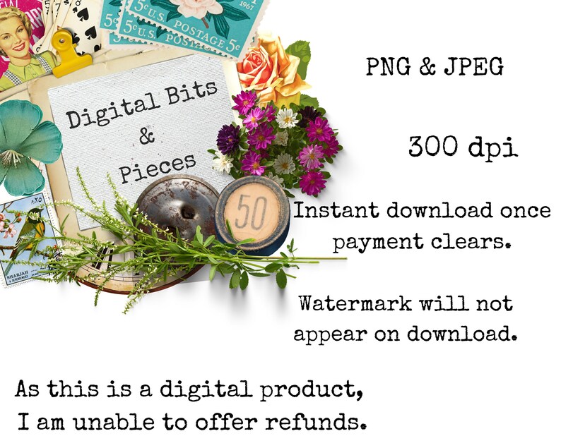 Pu&ograve; includere: Kit di collage digitale con elementi floreali, un quadrante dell'orologio e un francobollo vintage. Il testo "Digital Bits & Pieces" &egrave; visualizzato su uno sfondo bianco. Il kit &egrave; disponibile nei formati PNG e JPEG a 300 dpi.