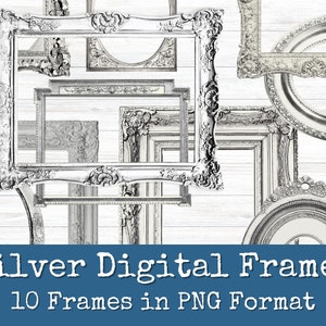 Peut inclure: Dix cadres numériques argentés au format PNG. Les cadres sont ornés et ont un aspect vintage. Ils sont parfaits pour ajouter une touche d'élégance à vos projets numériques.