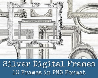 May include: Ten silver digital frames in a PNG format. The frames are ornate and have a vintage look. They are perfect for adding a touch of elegance to your digital projects.