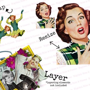 K&ouml;nnte beinhalten: Ein digitales Collage-Blatt mit Vintage-&Auml;sthetik, das eine Frau mit einem &uuml;berraschten Ausdruck, eine Uhr, ein Telefon und eine Frau in einem gr&uuml;n-wei&szlig;en Kleid zeigt. Der Text "Flip", "Resize" und "Layer" ist auf dem Blatt enthalten.