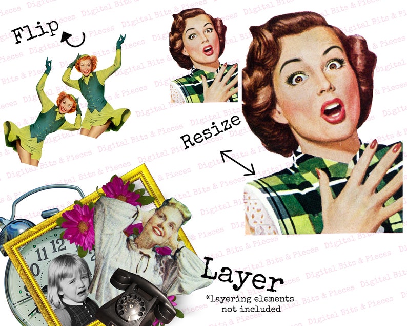 K&ouml;nnte beinhalten: Ein digitales Collage-Blatt mit Vintage-&Auml;sthetik, das eine Frau mit einem &uuml;berraschten Ausdruck, eine Uhr, ein Telefon und eine Frau in einem gr&uuml;n-wei&szlig;en Kleid zeigt. Der Text "Flip", "Resize" und "Layer" ist auf dem Blatt enthalten.