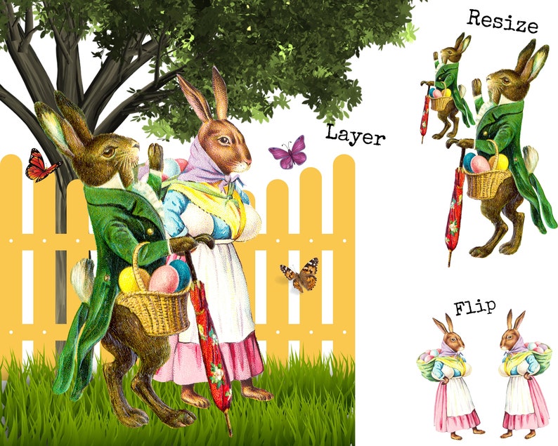 Vintage påskharar Clipart | Påskhare PNG | Digitala efemera | Sublimeringsfiler | Skräpjournal | 300 dpi | Kommersiellt bruk bild 2