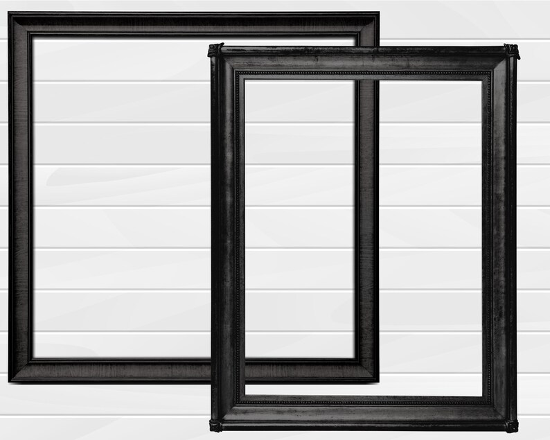 May include: Two black picture frames with ornate detailing, set against a white wood panel background.