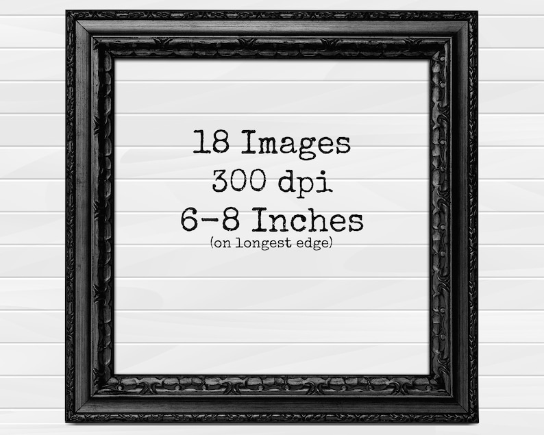 May include: A black picture frame with a white background and the text "18 Images 300 dpi 6-8 Inches (on longest edge)"