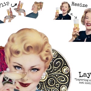 May include: A vintage style illustration of a woman with blonde hair and red lipstick holding a glass of champagne. She is wearing a black and white patterned dress and a pearl earring. The background is a white surface with the words "Flip", "Resize", and "Layer" written in black.