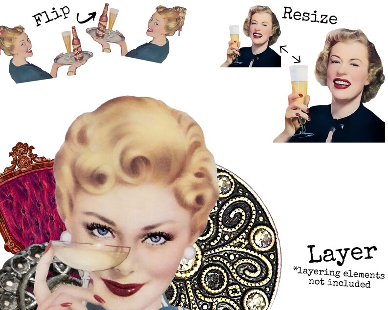 May include: A vintage style illustration of a woman with blonde hair and red lipstick holding a glass of champagne. She is wearing a black and white patterned dress and a pearl earring. The background is a white surface with the words "Flip", "Resize", and "Layer" written in black.
