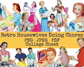 Retro hemmafruar clipart-paket och collageark, noggranna klippta människor, 50-talskvinnor, vintagekvinna, digital nedladdning från mitten av århundradet,