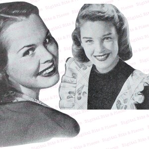 May include: Two black and white photographs of women. The woman on the left is looking over her shoulder and smiling. The woman on the right is looking directly at the camera and smiling. Both women are wearing dresses with ruffled collars.