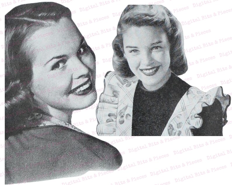 May include: Two black and white photographs of women. The woman on the left is looking over her shoulder and smiling. The woman on the right is looking directly at the camera and smiling. Both women are wearing dresses with ruffled collars.