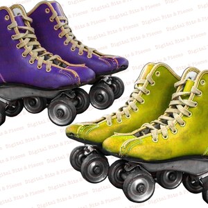 Pu&ograve; includere: Due paia di pattini a rotelle vintage. Un paio &egrave; viola con lacci bianchi e l'altro paio &egrave; giallo con lacci bianchi. Entrambe le paia hanno ruote nere.