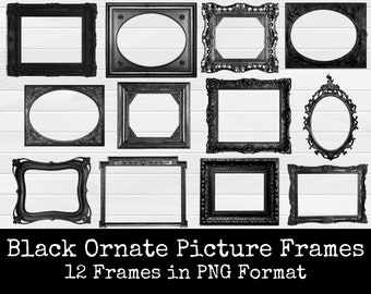 Vintage Picture Frame Clipart | Black Frame PNG | Ornate Picture Frame | Digital Frames | Scrapbook Elements