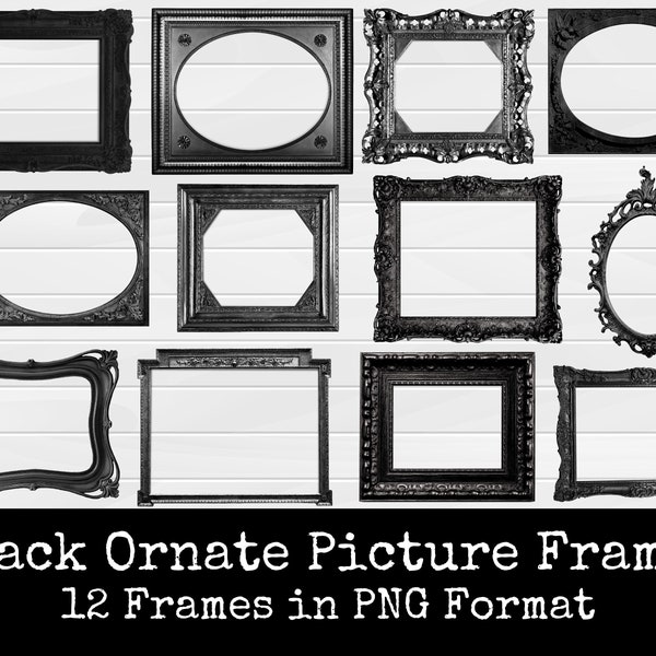 Vintage Picture Frame Clipart | Black Frame PNG | Ornate Picture Frame | Digital Frames | Scrapbook Elements