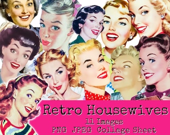 Retro hemmafruar clipart-paket och collageark, noggranna klippta människor, 50-talskvinnor, vintagekvinna, digital nedladdning från mitten av århundradet
