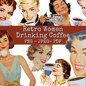 Pacote de clipart feminino retrô, folha de colagem, anúncio de café vintage, download digital de meados do século, dona de casa vintage, pessoas com corte exigente