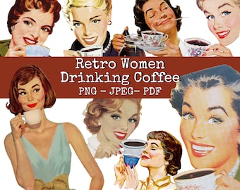 Retro Women Clipart Bundle, Collage Sheet, Vintage Coffee Advertisement, Mid Century Digital Download, Vintage Housewife, Fussy Cut People