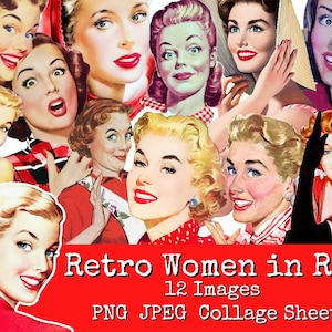 Retro Frauen Clipart, Vintage Hausfrau, Dame in Rot, Mid Century Werbung, Fussy Cut People, Collage Sheet, Old Fashion 1950, Retro PNG