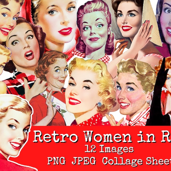 Retro Women Clipart, Vintage Housewife, Lady in Red, Mid Century Advertising, Fussy Cut People, Collage Sheet, Old Fashion 1950, Retro PNG