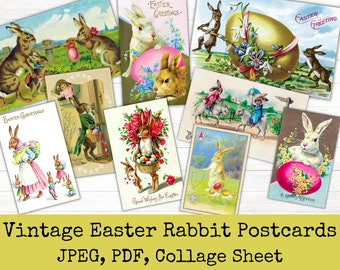 Vintage påskvykort, påskhare, vintage påskclipart, digital nedladdning av kaninillustration