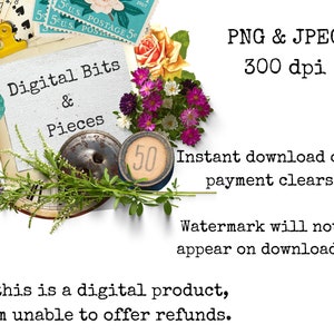 May include: Digital collage of images with the text "Digital Bits & Pieces" and "Instant download once payment clears". The collage includes a clock face, a vintage stamp, a flower, and a button.