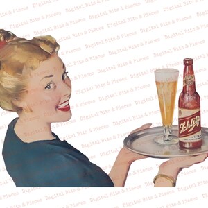 May include: A woman in a blue dress holds a silver tray with a glass of beer and a bottle of Schlitz beer. The bottle has a red label with the text "Schlitz" in white.