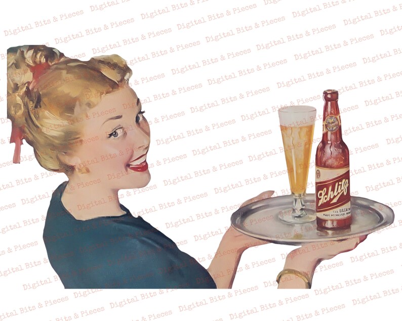 May include: A woman in a blue dress holds a silver tray with a glass of beer and a bottle of Schlitz beer. The bottle has a red label with the text "Schlitz" in white.