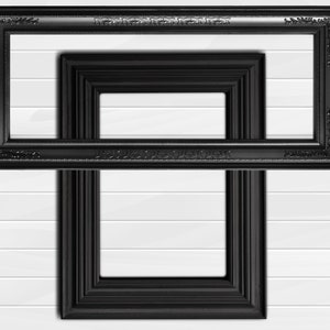May include: Two black picture frames, one nested inside the other. The outer frame is larger and has a decorative border. The inner frame is smaller and has a plain border.