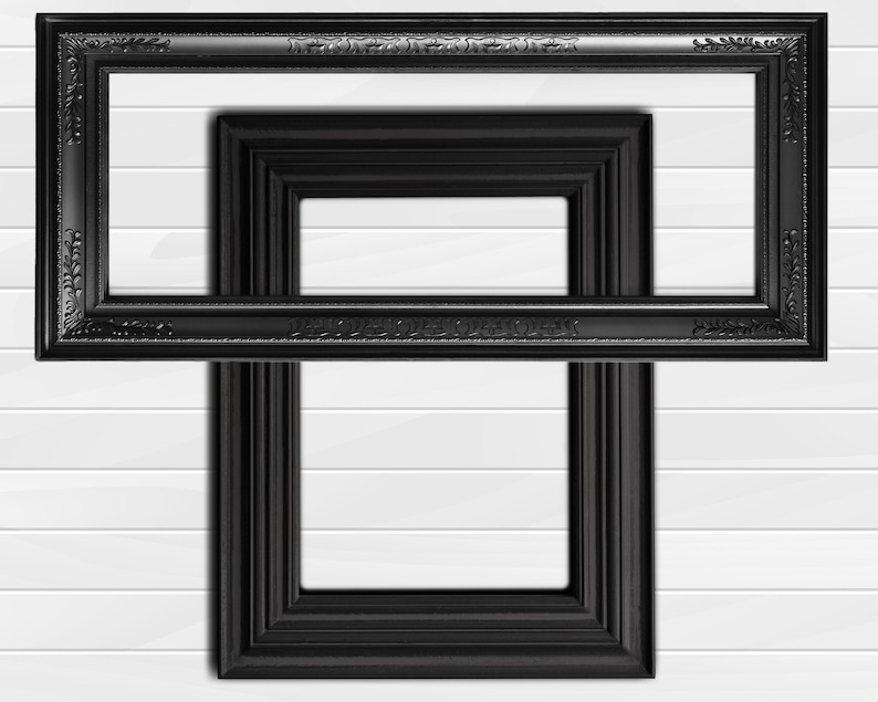 May include: Two black picture frames, one nested inside the other. The outer frame is larger and has a decorative border. The inner frame is smaller and has a plain border.
