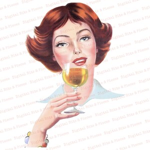 May include: A woman with red hair and a blue dress holds a glass of champagne. She is smiling and looking at the camera.