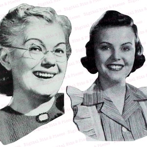 May include: Two black and white photographs of women smiling. The woman on the left is wearing glasses and a collared shirt. The woman on the right is wearing a collared shirt with a ruffled collar.