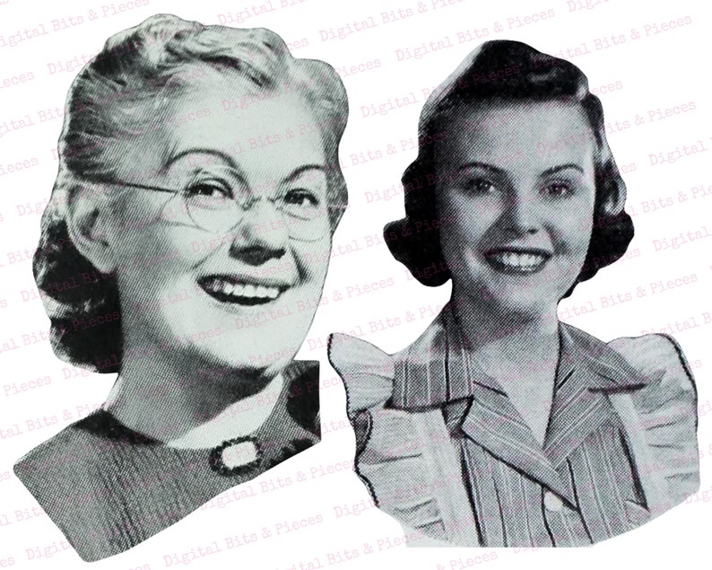 May include: Two black and white photographs of women smiling. The woman on the left is wearing glasses and a collared shirt. The woman on the right is wearing a collared shirt with a ruffled collar.