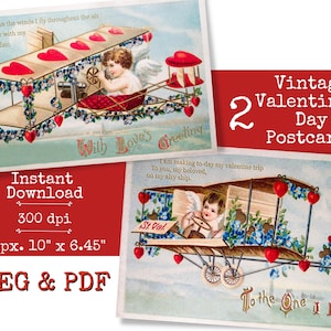 Postales vintage del Día de San Valentín, Descarga instantánea, Avión de San Valentín, Postal digital, Cupido volador, Ellen Clapsaddle, Tarjetas imprimibles