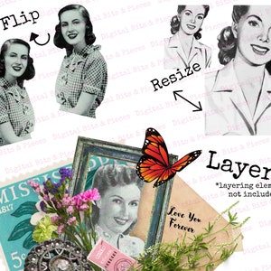 May include: A digital collage featuring vintage images of women, a butterfly, a postage stamp, and a framed photo. The collage includes the words "Flip", "Resize", "Layer", "Love You Forever", and "MISS 1817".