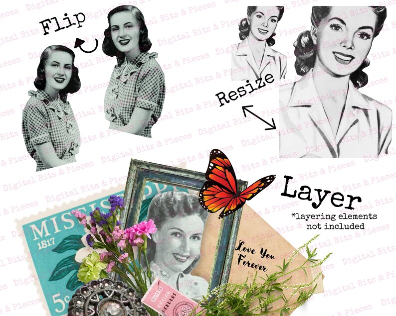 May include: A digital collage featuring vintage images of women, a butterfly, a postage stamp, and a framed photo. The collage includes the words "Flip", "Resize", "Layer", "Love You Forever", and "MISS 1817".