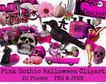 Clipart gótico rosa de Halloween, pacote PNG, elementos de colagem de corte complicado, diário de lixo assustador, gráficos digitais