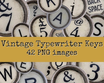 Paquete de imágenes prediseñadas de teclas de máquina de escribir vintage, alfabeto antiguo, elementos de Scrapbook, Collage digital, corte quisquilloso imprimible, letras angustiadas, PNG
