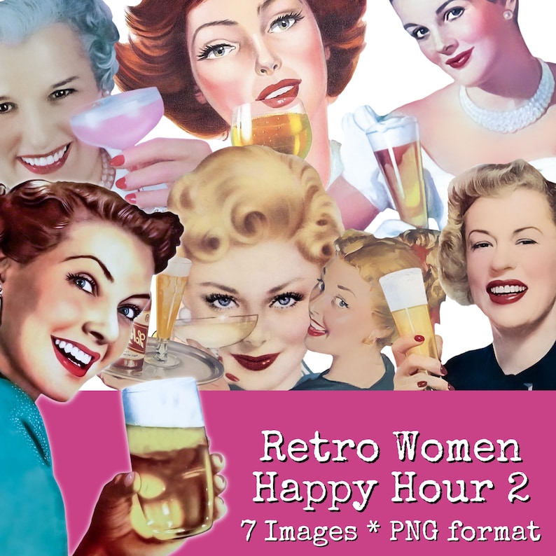 May include: Seven digital illustrations of women from the mid-20th century, each holding a glass of a different alcoholic beverage. The images are in a retro style and are perfect for use in digital scrapbooking or other creative projects. Retro Women Happy Hour 2. 7 Images * PNG format.