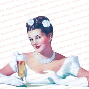 May include: A woman in a white dress and gloves holds a glass of beer. She is smiling and looking at the camera. The background is a white pattern.