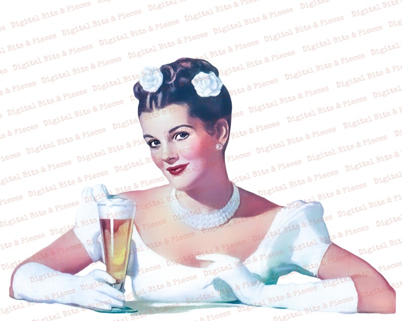 May include: A woman in a white dress and gloves holds a glass of beer. She is smiling and looking at the camera. The background is a white pattern.