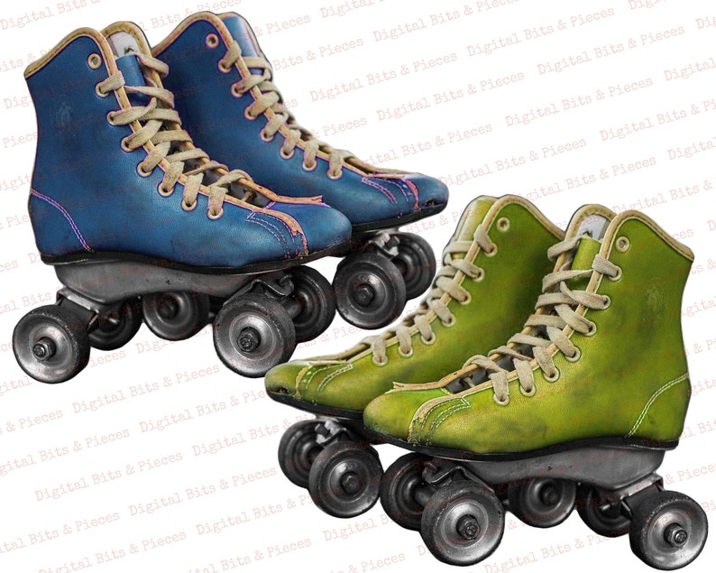 Pu&ograve; includere: Due paia di pattini a rotelle vintage. Un paio &egrave; blu con lacci gialli e l'altro paio &egrave; verde con lacci bianchi.