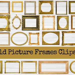 May include: A collection of 18 gold picture frames of various sizes and styles, with ornate details, against a white wood background.  The frames are empty and ready for your photos or artwork.  Gold Picture Frames Clipart.