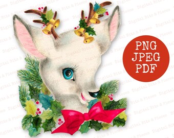 Reindeer Clip Art, Kitschy Christmas, Vintage Reindeer, Retro Christmas, Sublimation PNG, Vintage Christmas Card, Digital Ephemera, Instant