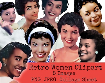 Retro Black Women Clipart Bundle, Collage Sheet, African American Ladies, Mid Century Digital Download, Vintage Housewife, Fussy Cut People