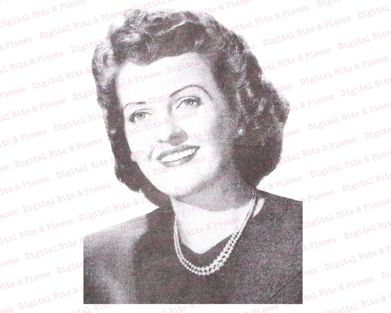 May include: A black and white portrait of a woman with short, wavy hair. She is wearing a dark dress with a pearl necklace. She is smiling and looking directly at the camera.