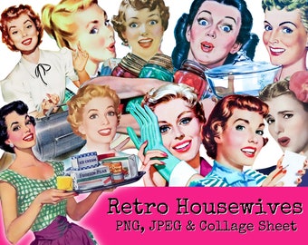 Retro hemmafruar clipart-paket och collageark, noggranna klippta människor, 50-talskvinnor, vintagekvinna, digital nedladdning från mitten av århundradet,