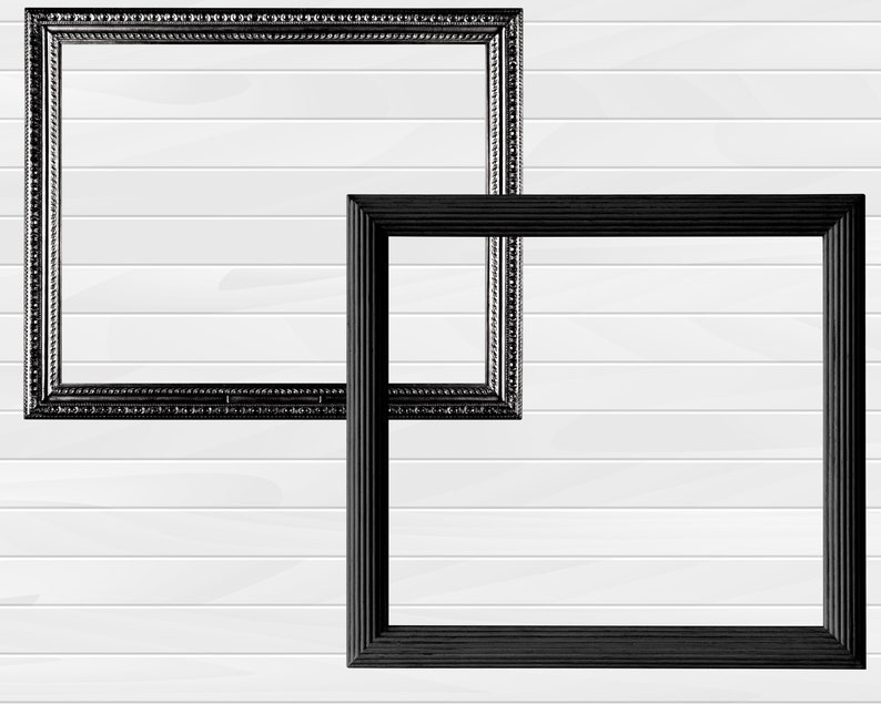 May include: Two black picture frames on a white wood panel background. The frame on the left is ornate with a beaded edge. The frame on the right is simple with a flat edge.