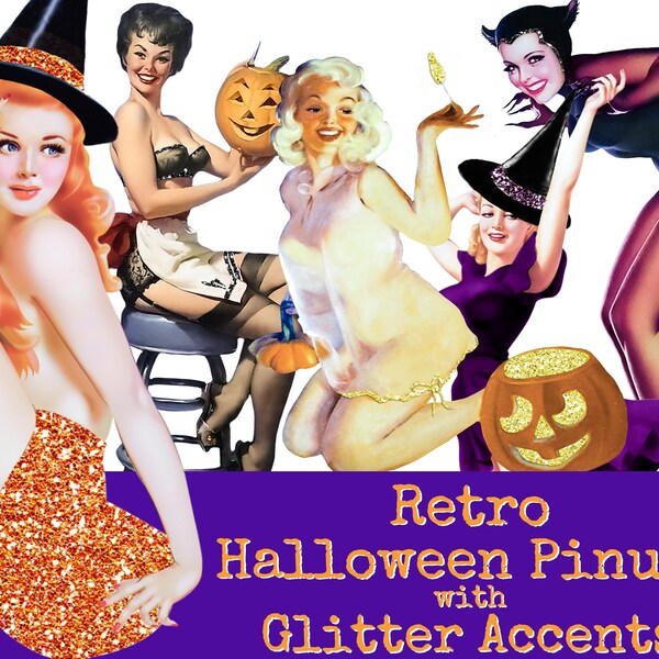 Retro Halloween Pinup Clipart, Vintage Witch PNG, Vargas Girls, Fussy Cut People, 50s Women, Vintage Woman, Mid Century Digital Download