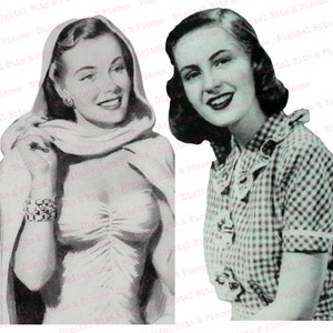 May include: Two black and white photographs of women. The woman on the left is wearing a white dress and a shawl. The woman on the right is wearing a checkered shirt.